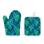 Turquoise Tropical Leaf Pattern Print Oven Mitt And Pot Holder Set