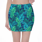 Turquoise Tropical Leaf Pattern Print Pencil Mini Skirt