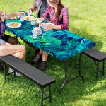 Turquoise Tropical Leaf Pattern Print Picnic Table Cover