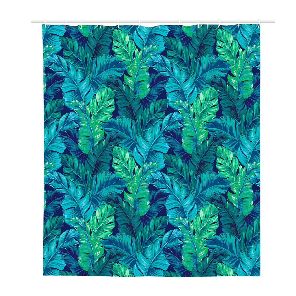 Turquoise Tropical Leaf Pattern Print Polyester Shower Curtain