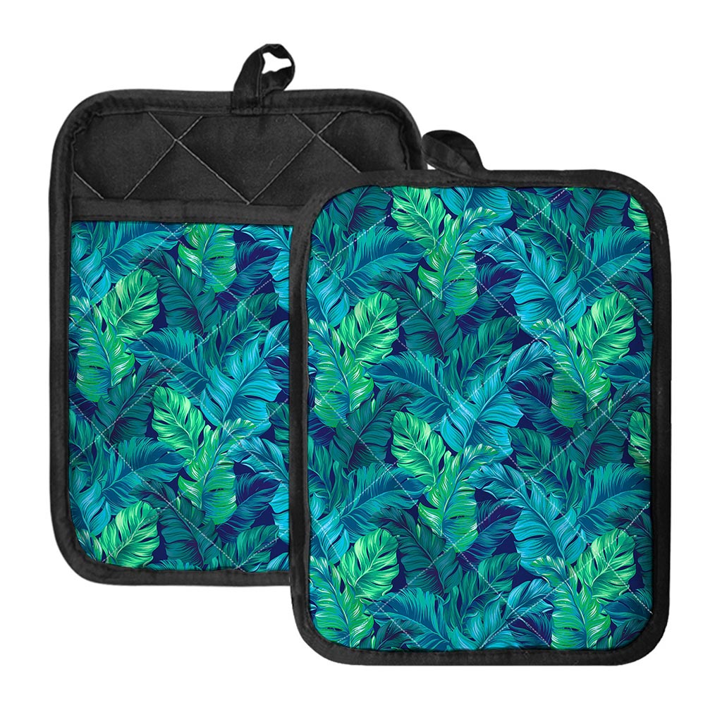 Turquoise Tropical Leaf Pattern Print Pot Holders With Pocket
