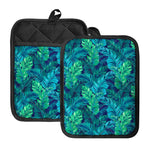 Turquoise Tropical Leaf Pattern Print Pot Holders With Pocket
