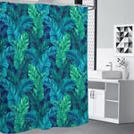 Turquoise Tropical Leaf Pattern Print Premium Shower Curtain