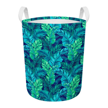 Turquoise Tropical Leaf Pattern Print Round Laundry Basket
