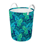Turquoise Tropical Leaf Pattern Print Round Laundry Basket