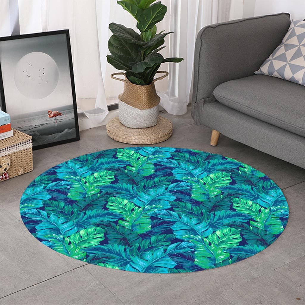 Turquoise Tropical Leaf Pattern Print Round Rug