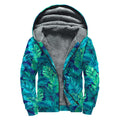 Turquoise Tropical Leaf Pattern Print Sherpa Lined Zip Up Hoodie
