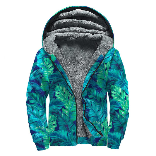 Turquoise Tropical Leaf Pattern Print Sherpa Lined Zip Up Hoodie