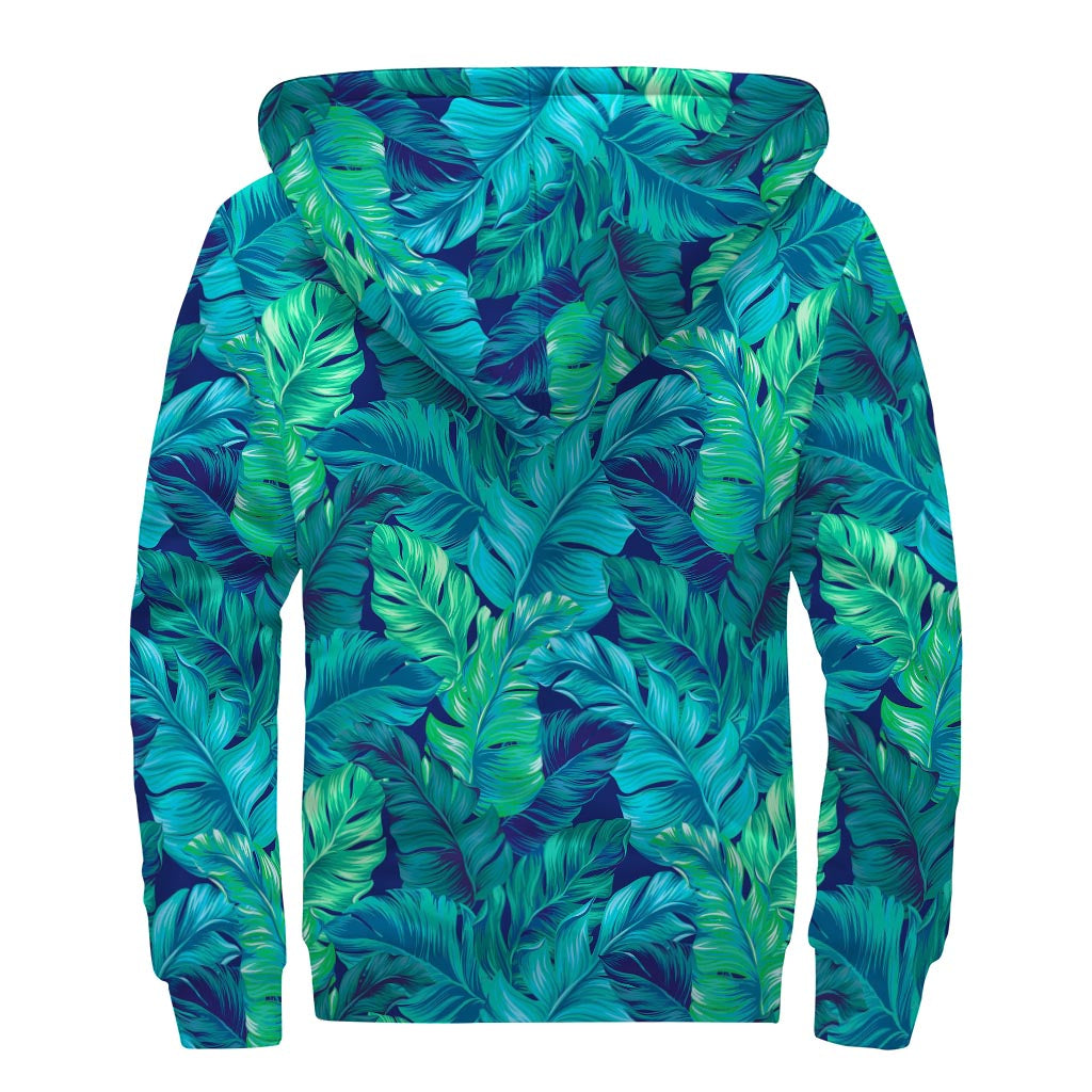 Turquoise Tropical Leaf Pattern Print Sherpa Lined Zip Up Hoodie