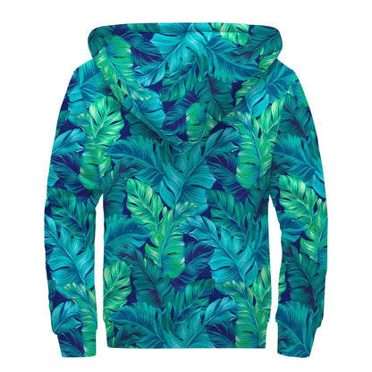 Turquoise Tropical Leaf Pattern Print Sherpa Lined Zip Up Hoodie