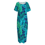 Turquoise Tropical Leaf Pattern Print Short Sleeve Long Nightdress