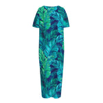 Turquoise Tropical Leaf Pattern Print Short Sleeve Long Nightdress