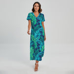 Turquoise Tropical Leaf Pattern Print Short Sleeve Maxi Dress