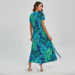 Turquoise Tropical Leaf Pattern Print Short Sleeve Maxi Dress