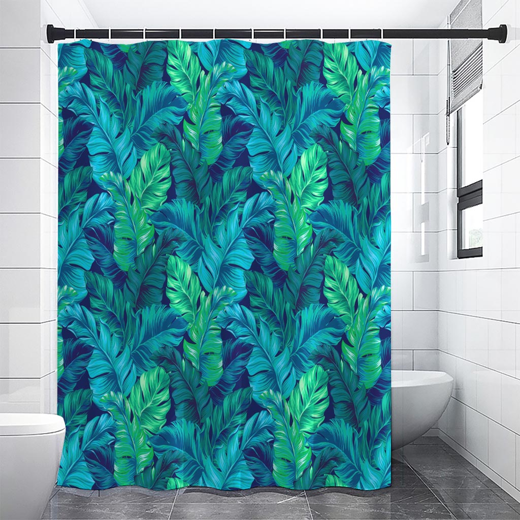 Turquoise Tropical Leaf Pattern Print Shower Curtain