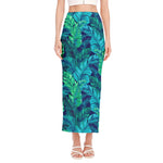 Turquoise Tropical Leaf Pattern Print Side Slit Maxi Skirt