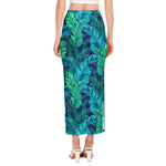 Turquoise Tropical Leaf Pattern Print Side Slit Maxi Skirt
