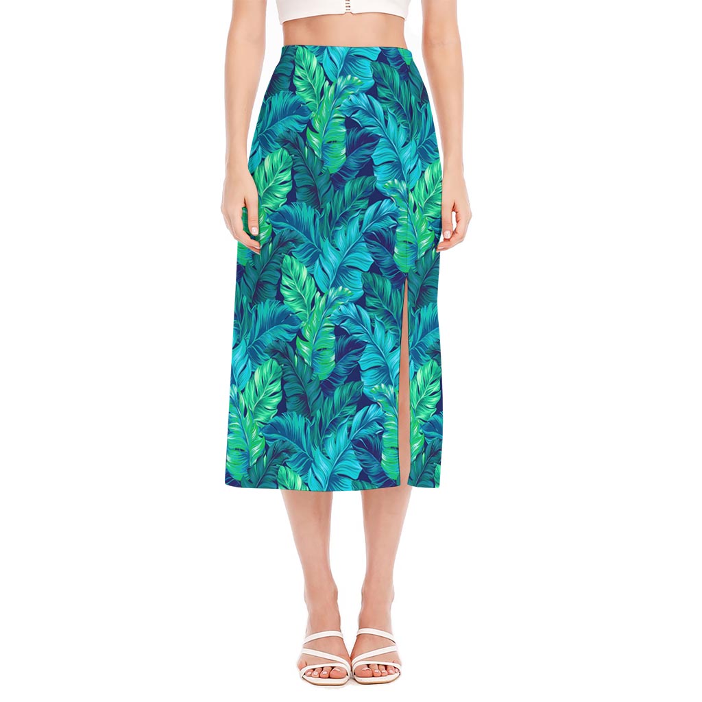 Turquoise Tropical Leaf Pattern Print Side Slit Midi Skirt