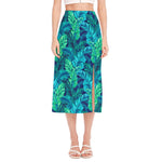 Turquoise Tropical Leaf Pattern Print Side Slit Midi Skirt