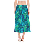 Turquoise Tropical Leaf Pattern Print Side Slit Midi Skirt