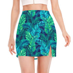 Turquoise Tropical Leaf Pattern Print Side Slit Mini Skirt