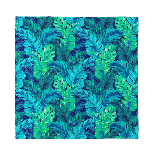 Turquoise Tropical Leaf Pattern Print Silk Bandana