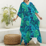 Turquoise Tropical Leaf Pattern Print Silk V-Neck Kaftan Dress