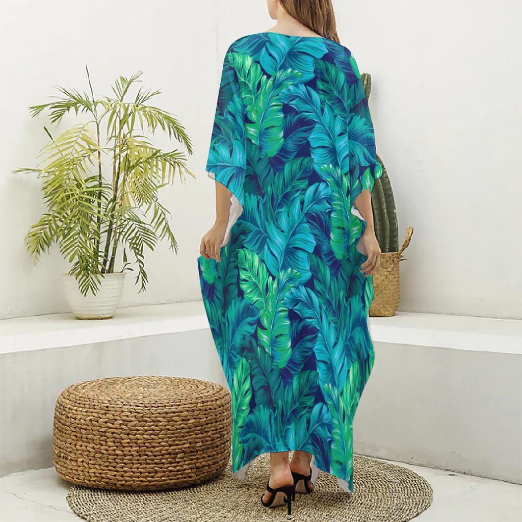 Turquoise Tropical Leaf Pattern Print Silk V-Neck Kaftan Dress