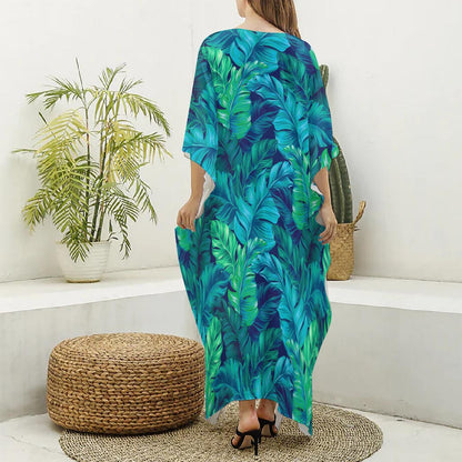 Turquoise Tropical Leaf Pattern Print Silk V-Neck Kaftan Dress