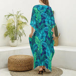 Turquoise Tropical Leaf Pattern Print Silk V-Neck Kaftan Dress