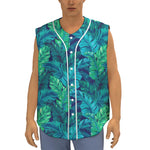 Turquoise Tropical Leaf Pattern Print Sleeveless Baseball Jersey