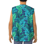 Turquoise Tropical Leaf Pattern Print Sleeveless Baseball Jersey