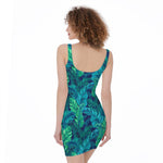 Turquoise Tropical Leaf Pattern Print Sleeveless Bodycon Dress