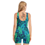Turquoise Tropical Leaf Pattern Print Sleeveless One Piece Swimsuit