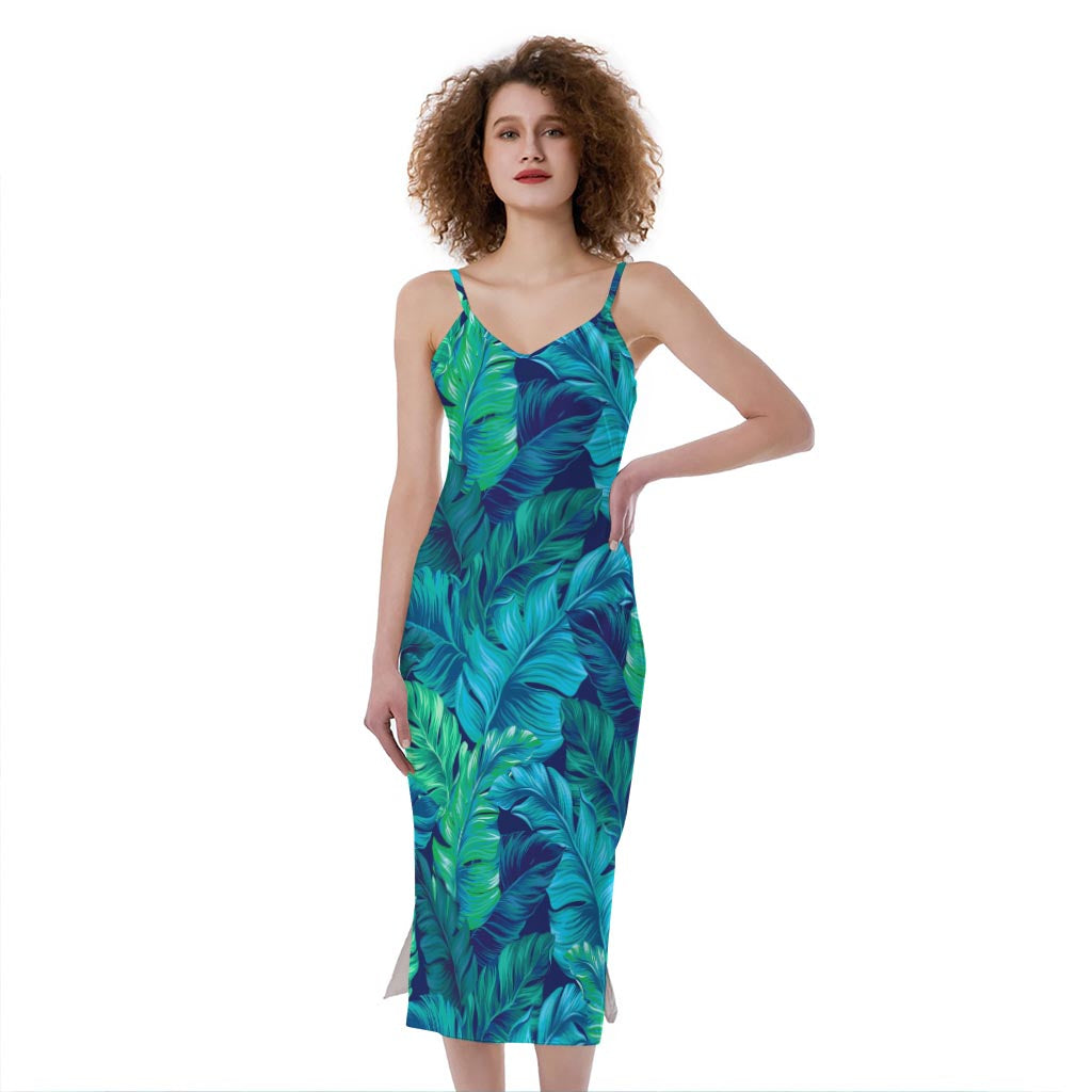 Turquoise Tropical Leaf Pattern Print Slim Fit Midi Cami Dress