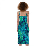 Turquoise Tropical Leaf Pattern Print Slim Fit Midi Cami Dress