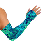 Turquoise Tropical Leaf Pattern Print Sun Protection Arm Sleeves