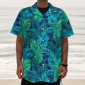 Turquoise Tropical Leaf Pattern Print Textured Short Sleeve Shirt