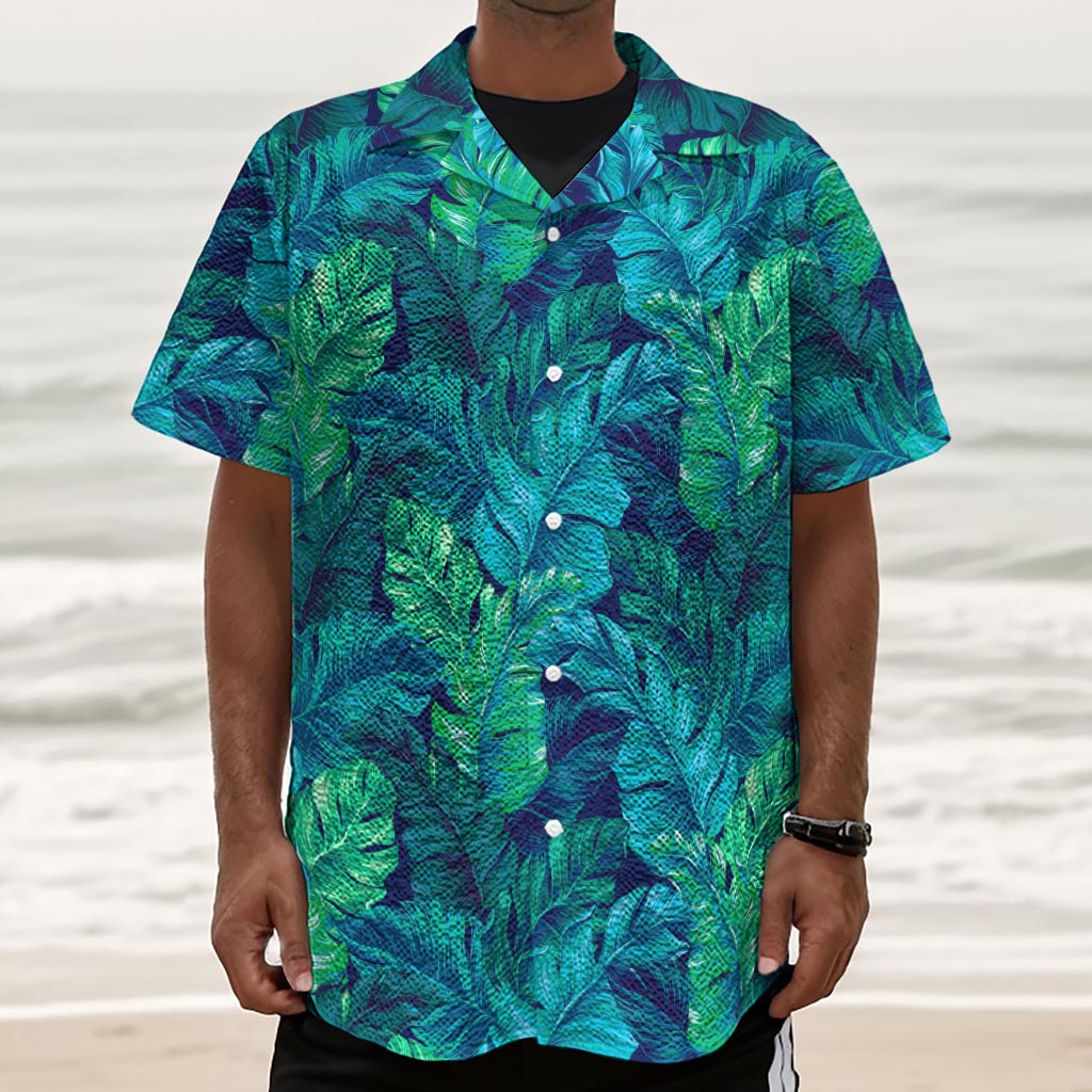 Turquoise Tropical Leaf Pattern Print Textured Short Sleeve Shirt