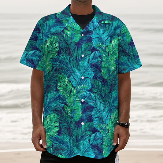 Turquoise Tropical Leaf Pattern Print Textured Short Sleeve Shirt