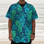 Turquoise Tropical Leaf Pattern Print Textured Short Sleeve Shirt