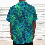 Turquoise Tropical Leaf Pattern Print Textured Short Sleeve Shirt