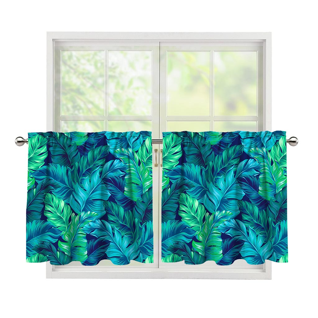 Turquoise Tropical Leaf Pattern Print Tier Curtains