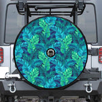 Turquoise Tropical Leaf Pattern Print Tire Cover With Camera Hole