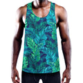 Turquoise Tropical Leaf Pattern Print Men's Workout Tank Top