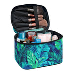 Turquoise Tropical Leaf Pattern Print Travel Makeup Bag