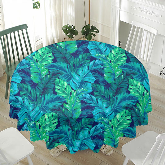 Turquoise Tropical Leaf Pattern Print Waterproof Round Tablecloth