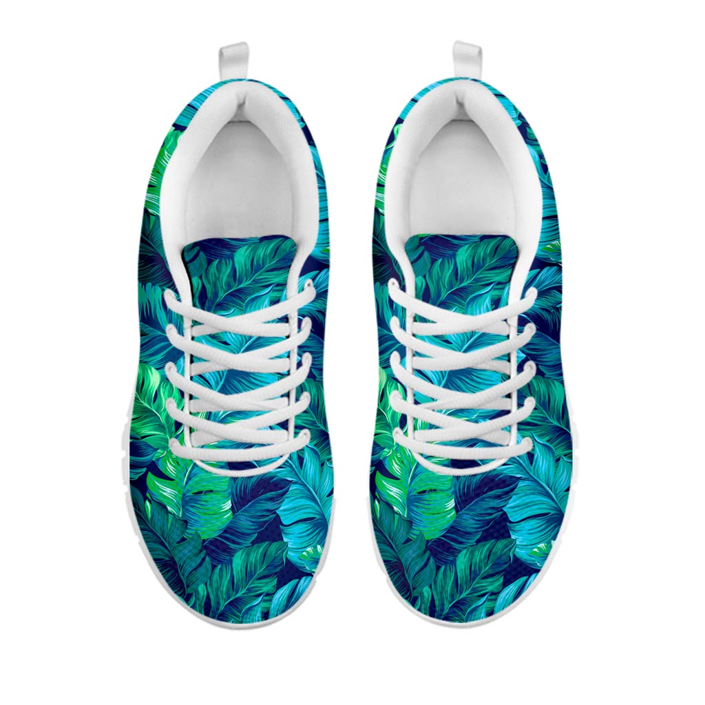 Turquoise Tropical Leaf Pattern Print White Running Shoes