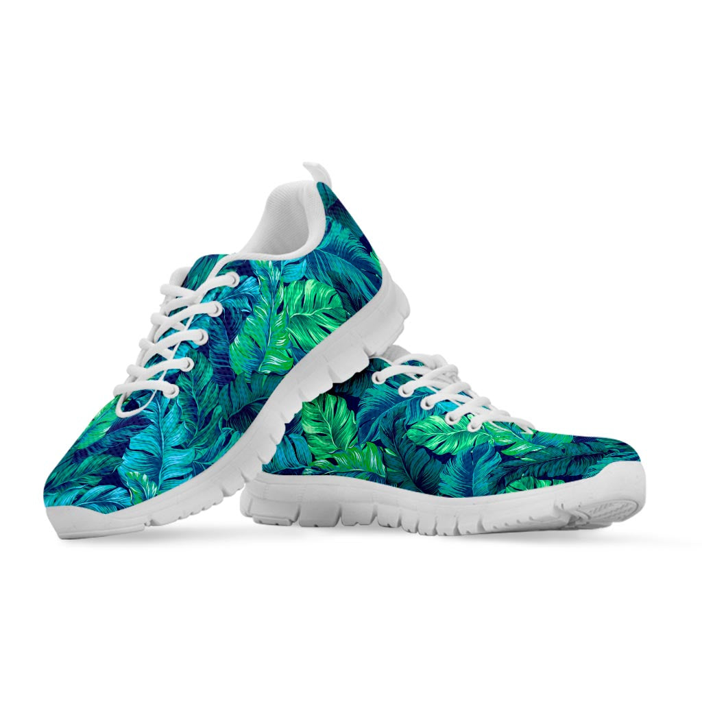 Turquoise Tropical Leaf Pattern Print White Running Shoes