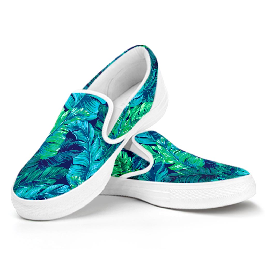 Turquoise Tropical Leaf Pattern Print White Slip On Sneakers